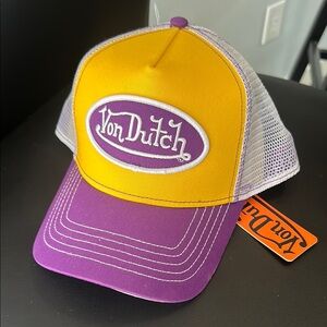 Vibrant Yellow and Purple Hat with Embroidered Logo